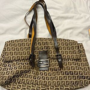 Vintage Fendi Zucchino Satchel Flap Shoulder Bag Large in Brown Canvas
